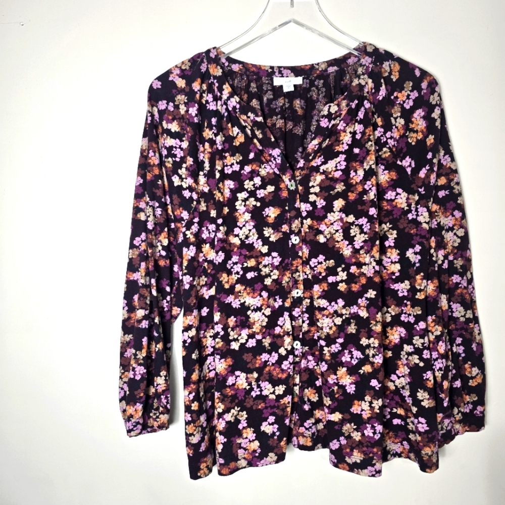 J. Jill Cotton Floral Print Purple Long Sleeve Knit Button-Up Shirt Size 2X